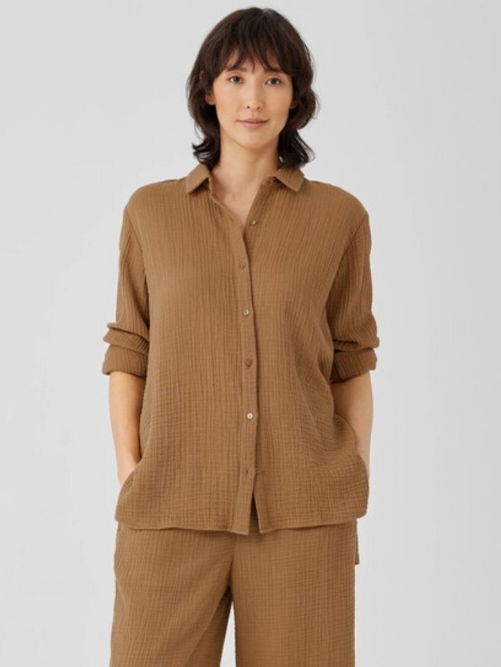 Eileen Fisher tan brown lightweight gauze organic cotton blouse